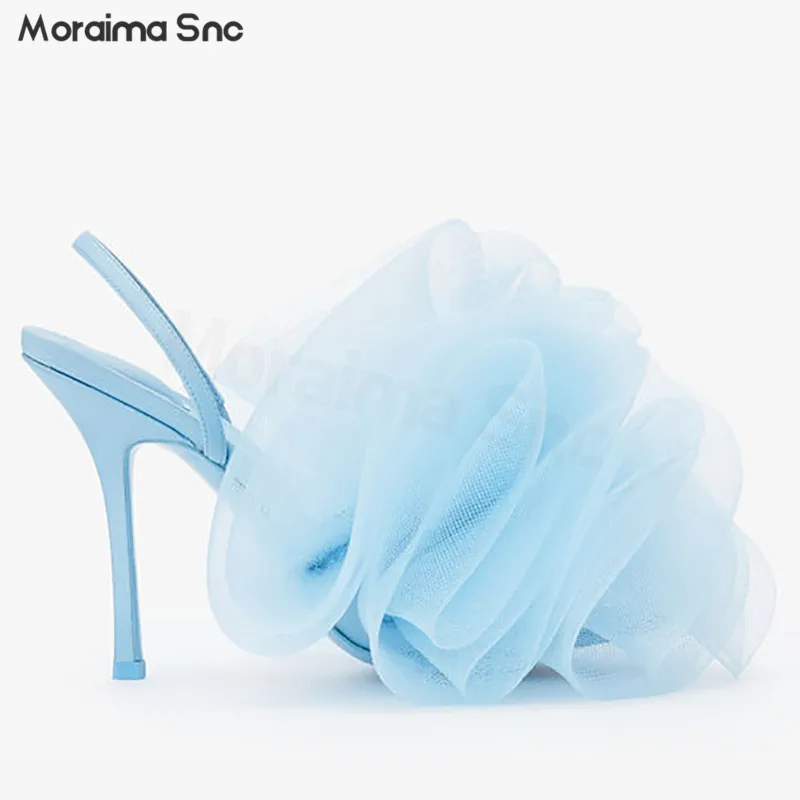 

Bath Ball Net Yarn Flower Sandals Summer One Word Belt Stiletto High-Heeled Women's Shoes Blue Large Size High-Heeled Sandals