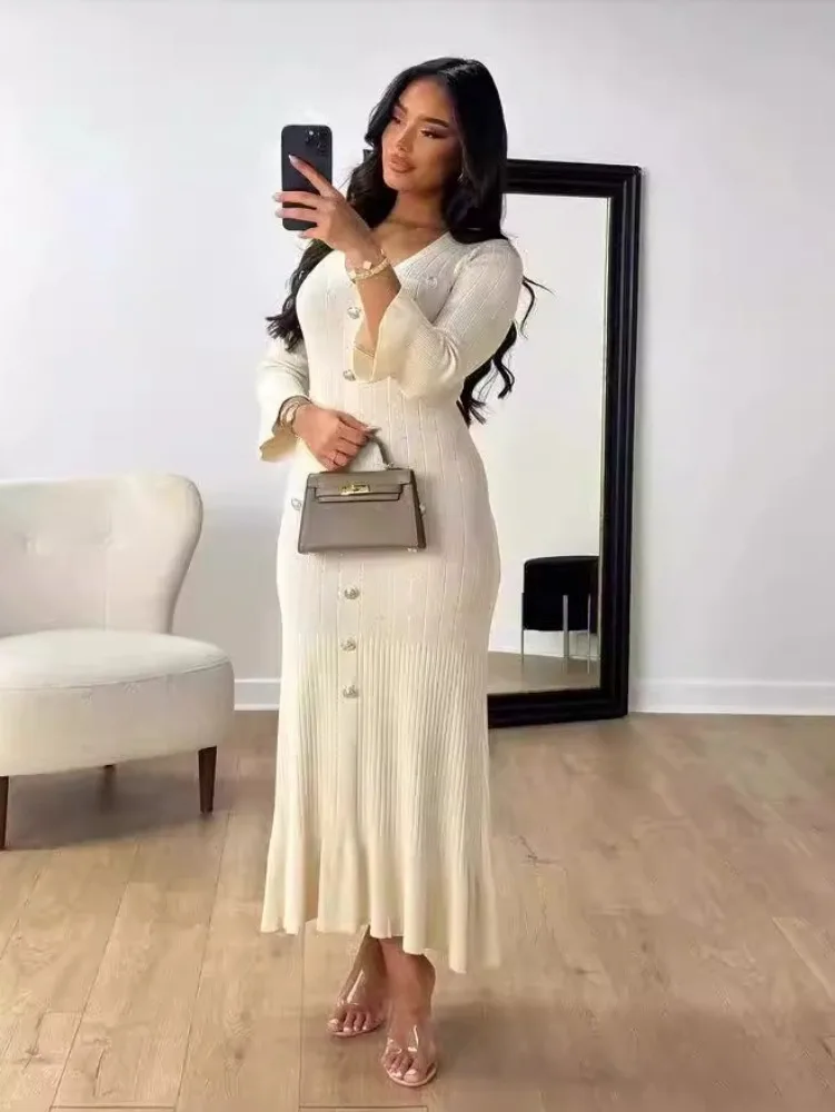Элегантные вязаные Макси-Платья на пуговицах для женщин сексуальное облегающее