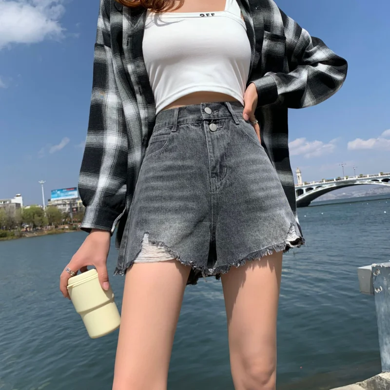 Denim Shorts High Waisted Slimming Raw Edge Hot Pants Women Retro Street Clothing 2023 Summer New Sexy Girl Denim Shorts Mujer