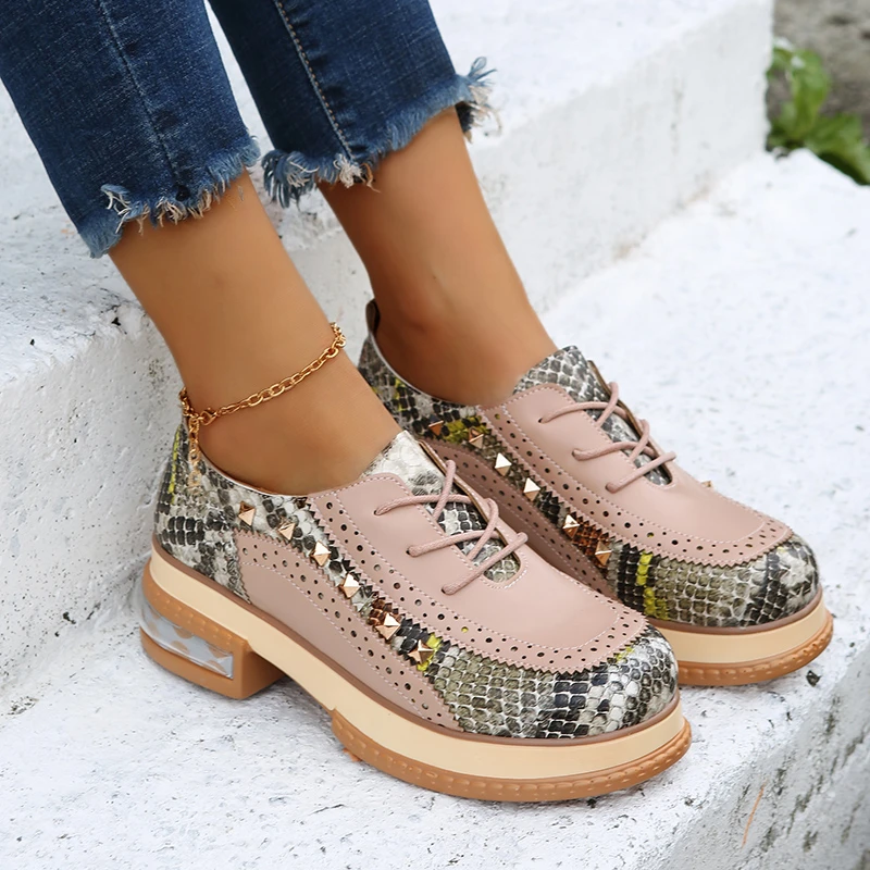 

35~43 Big Size Vintage British Style Oxfords Round Toe Gold Green Pink Lady Lace Up Brogues Loafers Casual Shoes For Women