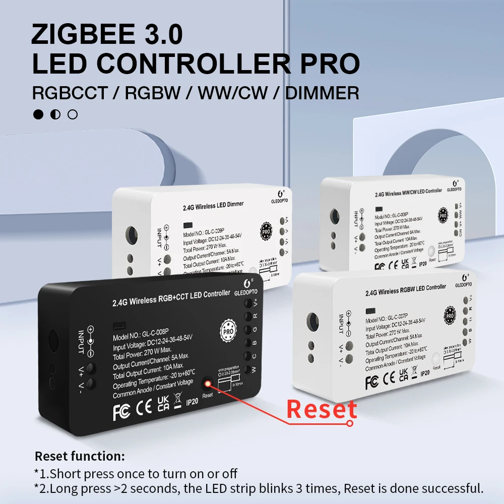 

GLEDOPTO Zigbee 3.0 LED Strip Controller Reset Key RGB+CCT Pro Work with Tuya Smart Life SmartThings App Voice RF Remote Switch