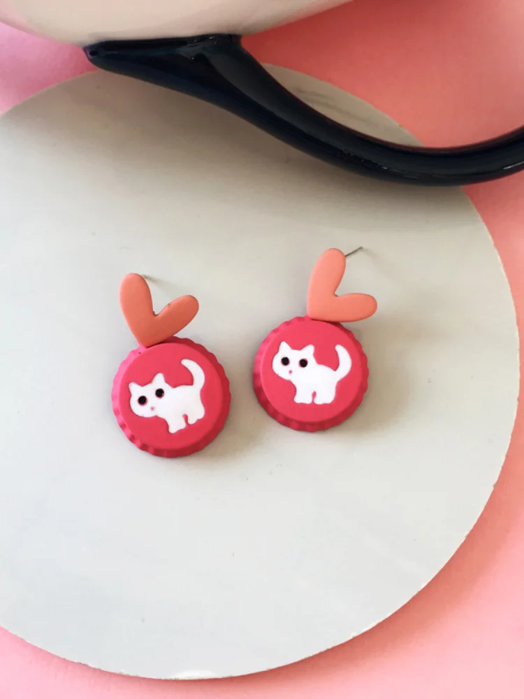 

S925 needle Popular Style Pink Heart Earrings 2021 New Trend Sweet Korean Temperament White Cat Pattern Women Earrings Gifts