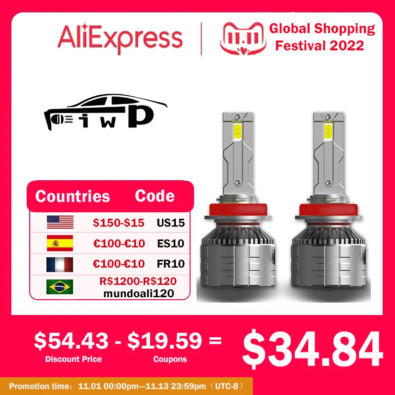 

IWP H11 LED H7 Canbus 140W 40000LM Car Headlight Bulbs H4 H1 HB3 HB4 HIR2 9005 9006 Turbo LED auto fog light 6000K CSP car led