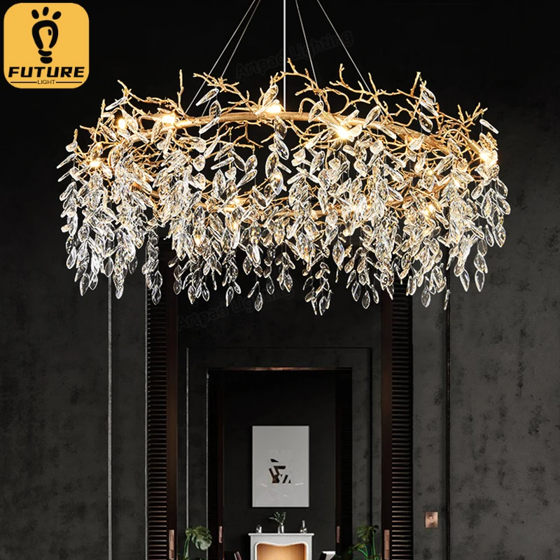 

Modern Luxury Crystal Chandeliers Copper Long/Round Hanging Lamp for Dining Living Room Hotel Hall Art Gold Light Fixture Decora