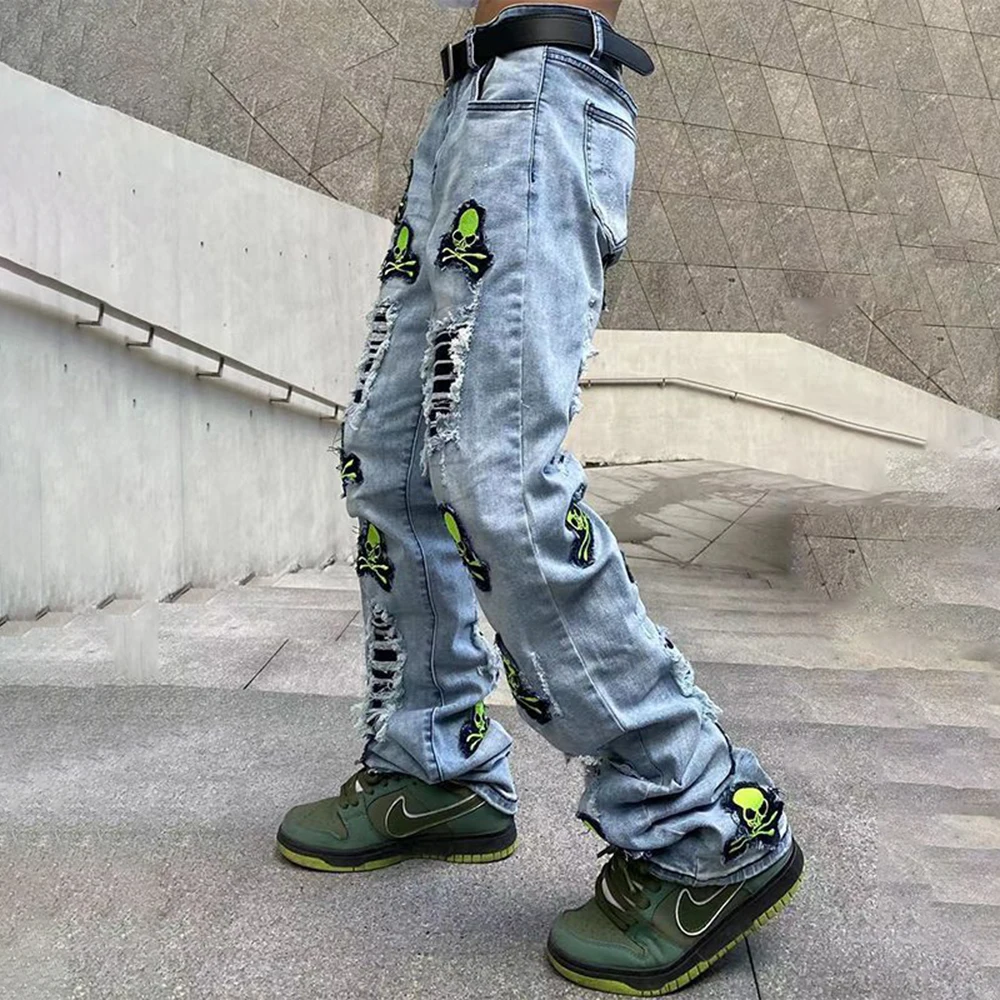 Y2K Fashion Street Style Ripped Jeans 2023 Men's Washed Skull Embroidery Design Denim Trousers Oversized Casual Loose Slim Pants