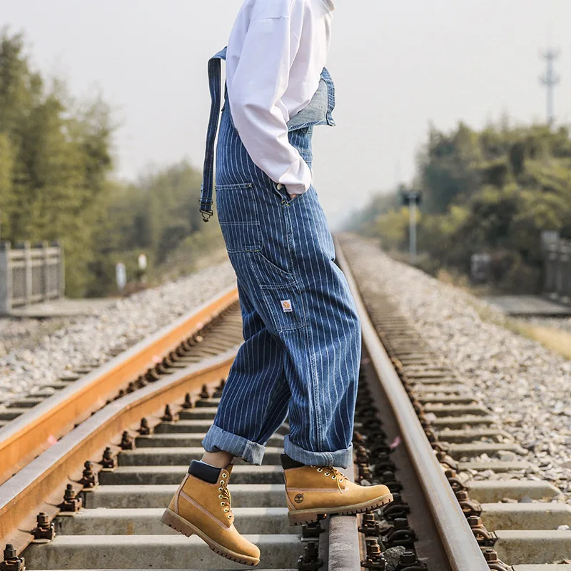 Blue Jeans Stripe Men Punk Overalls Jean Male Straight Long Denim Rompers Pocket Loose Fit Jeans Suspender Trousers Man