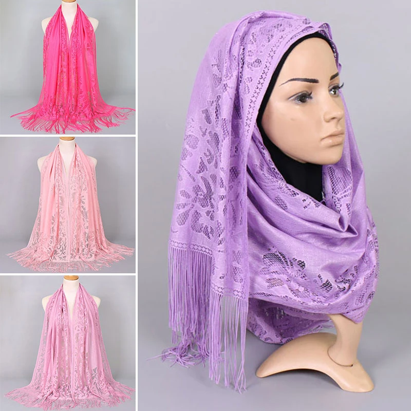 

Floral Flower Tassel Scarves Thin Muslim Women Hijabs Long Fringe Headscarf Hollow Lace Embroidered Turban Fashion Accessories