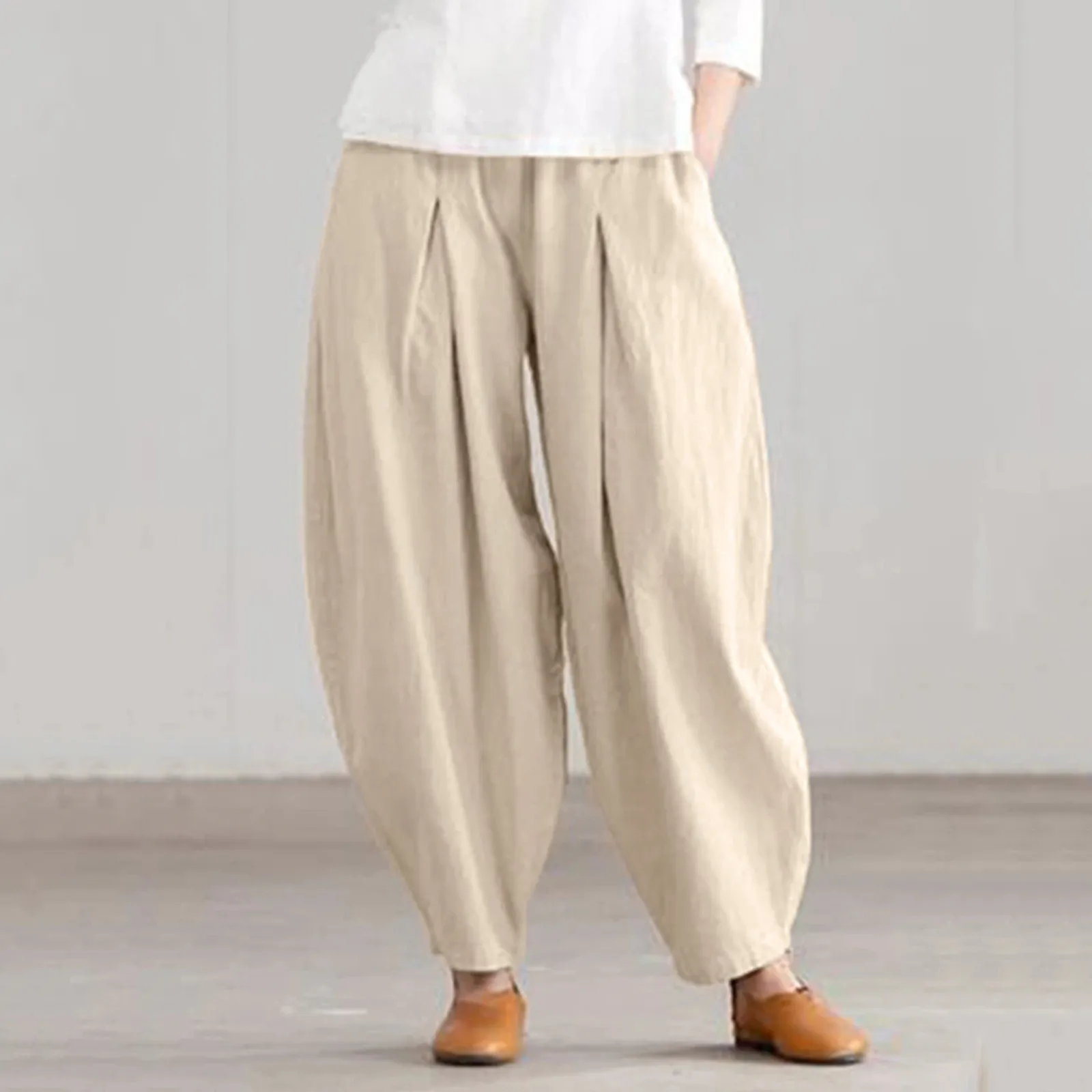 

Womens Cotton Linen Pants Elastic Waist Vintage Trousers Summer Baggy Pants Loose Casual Harem Trousers Literary Pants Female