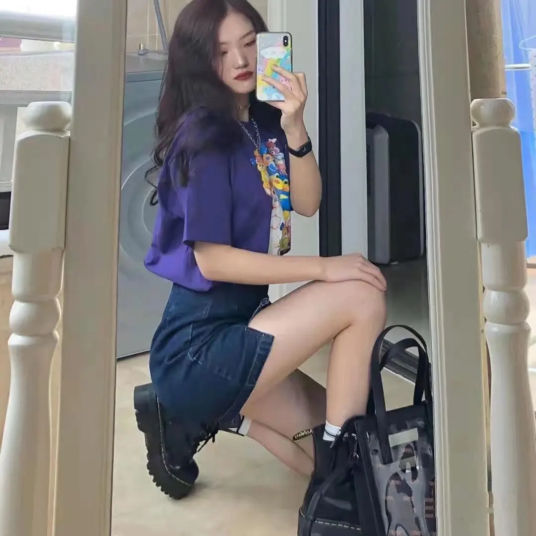 Винтажная мини-юбка в стиле Харадзюку однотонная джинсовая с высокой талией