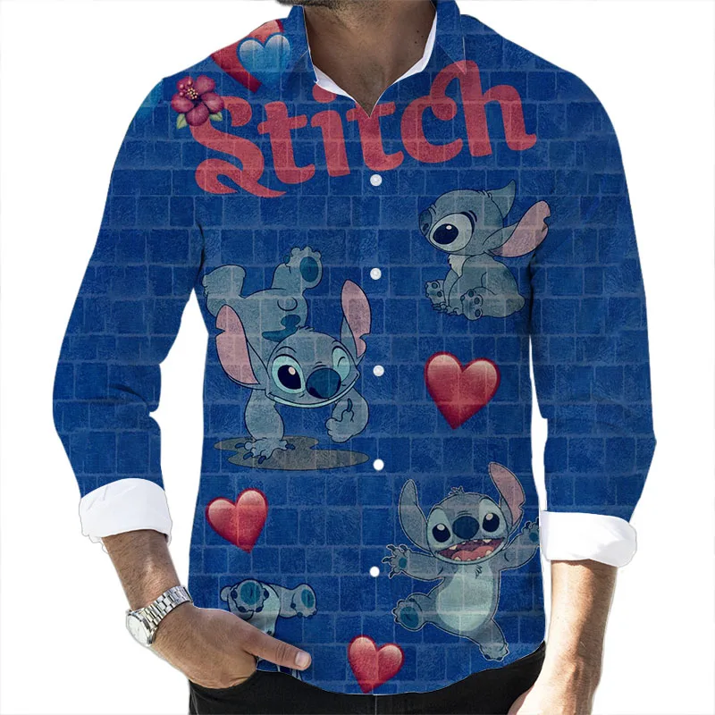 

Новинка осени 2023, коллекция Disney Stitch, Повседневная рубашка с длинным рукавом и отложным воротником с мультяшным 3D-принтом, облегающий Мужской Топ