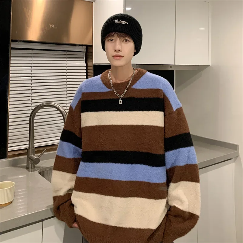Осенне-зимний полосатый свитер мужской винтажный стиль модный брендовый нишевый