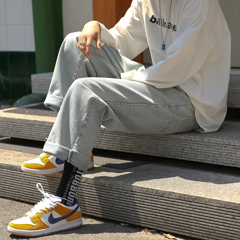 Blue White Baggy Jeans Men Fashion Harajuku Casual Straight Jeans Men Streetwear Hip-hop Loose Denim Pants Mens Trousers S-2XL