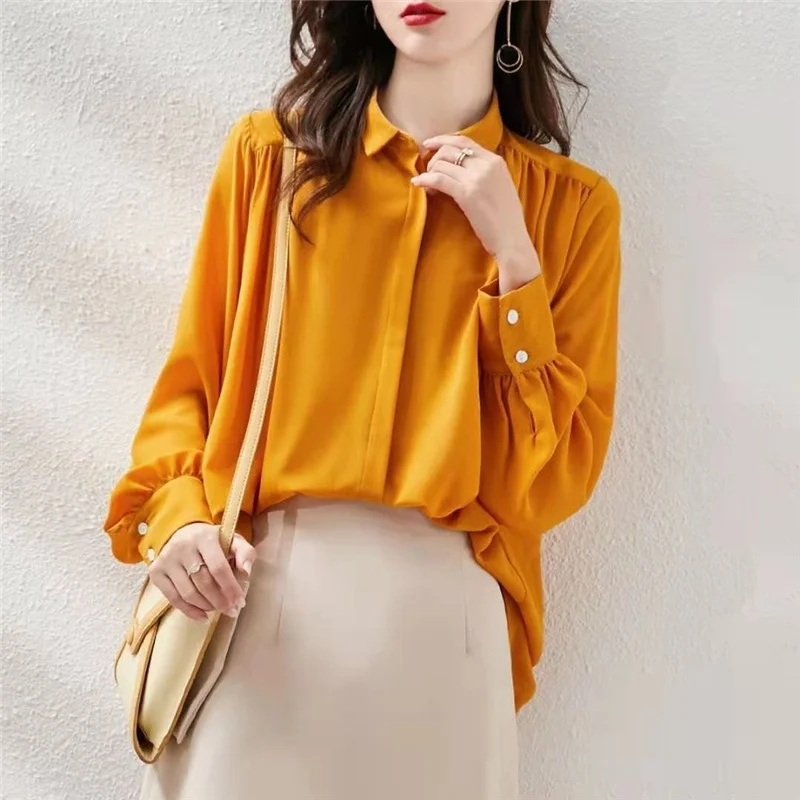 

Шикарная простая повседневная свободная однотонная уличная одежда с оборками, рубашка на пуговицах, модный топ с отворотом и длинным рукавом, блузка, женская одежда