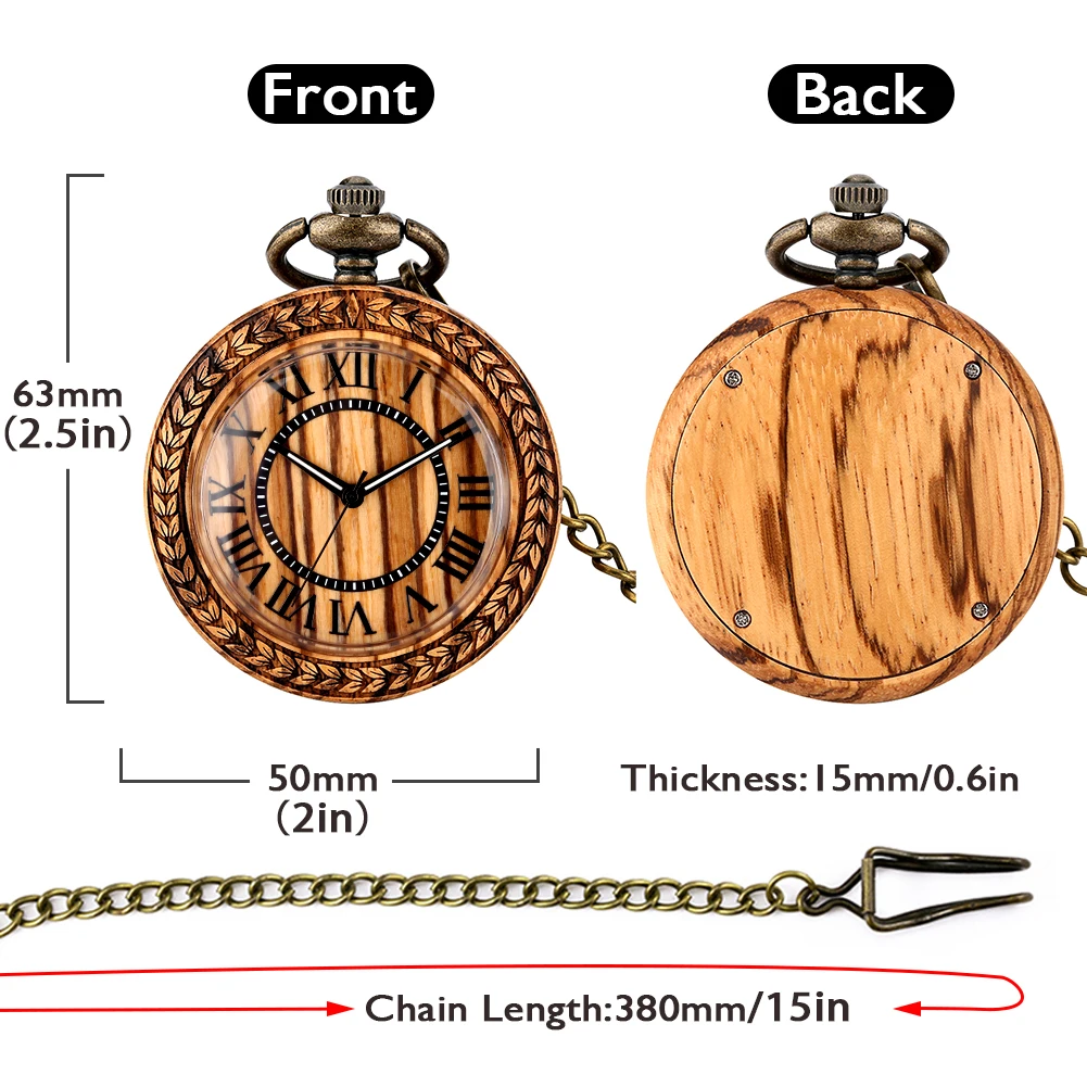 Wood Pocket Watch Vintage Zebra Wooden Gifts for Men Women Quartz Fob Watch with Chain Roman Numeral Dial Relógio De Bolso