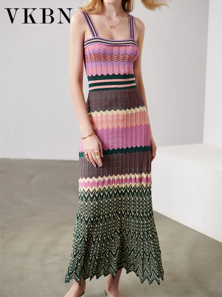 

VKBN Spring Summer Dresses Woman Party Empire Spaghetti Strap Wave Design Knitted Dress Elegant Vestidos De Fiesta
