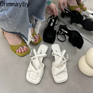 2022 Design Open Toe Women Sandals Casual Square Heel Summer Ankle Strap Shoes Ladies Summer Party D