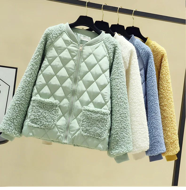 2023 New Women's Winter Jacket Short Korean Version Loose Lamb Wool Down Cotton Women Coat Stand-up Collar Plaid Parkas Fashion