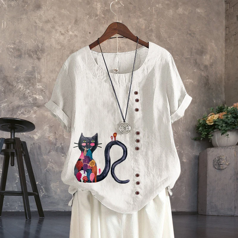 

2022 New Summer Casual Ladies Cartoon Cat Printed Linen Tops Round Neck Short Sleeves Plus Size T Shirts Loose Tops XS-5XL