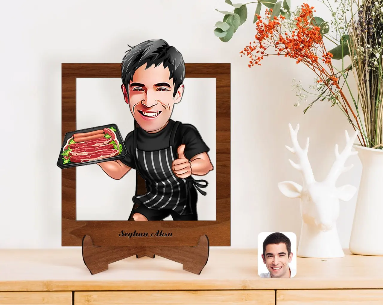 

Персонализированные Для Мужчин 'S мясника карикатура деревянная стойка 3D Biblo-2