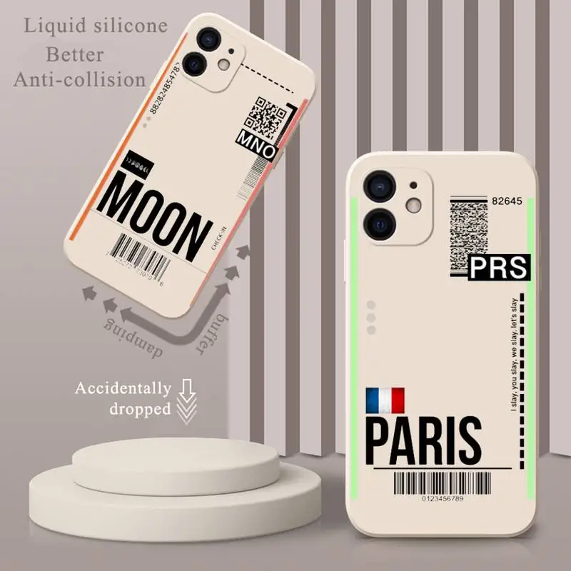 

Air ticket USA city London Paris Travel Phone Case White Liquid silicone for iPhone 6 7 8 11 12 13 s mini pro X XS XR MAX Plus