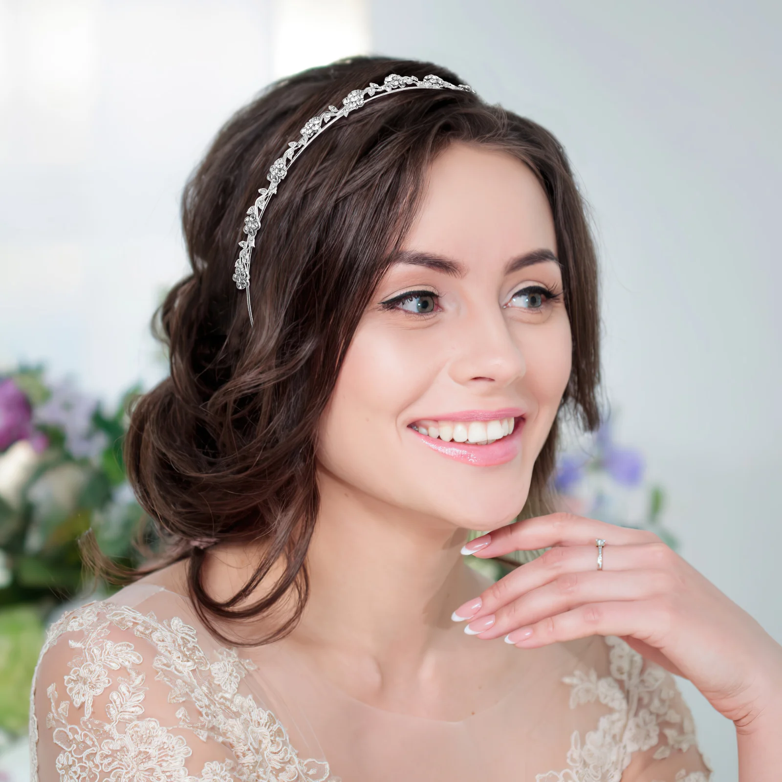

1PC Bride Bridesmaids Rhinestone Wedding Headband, Silver Flower and Leaves Headband for