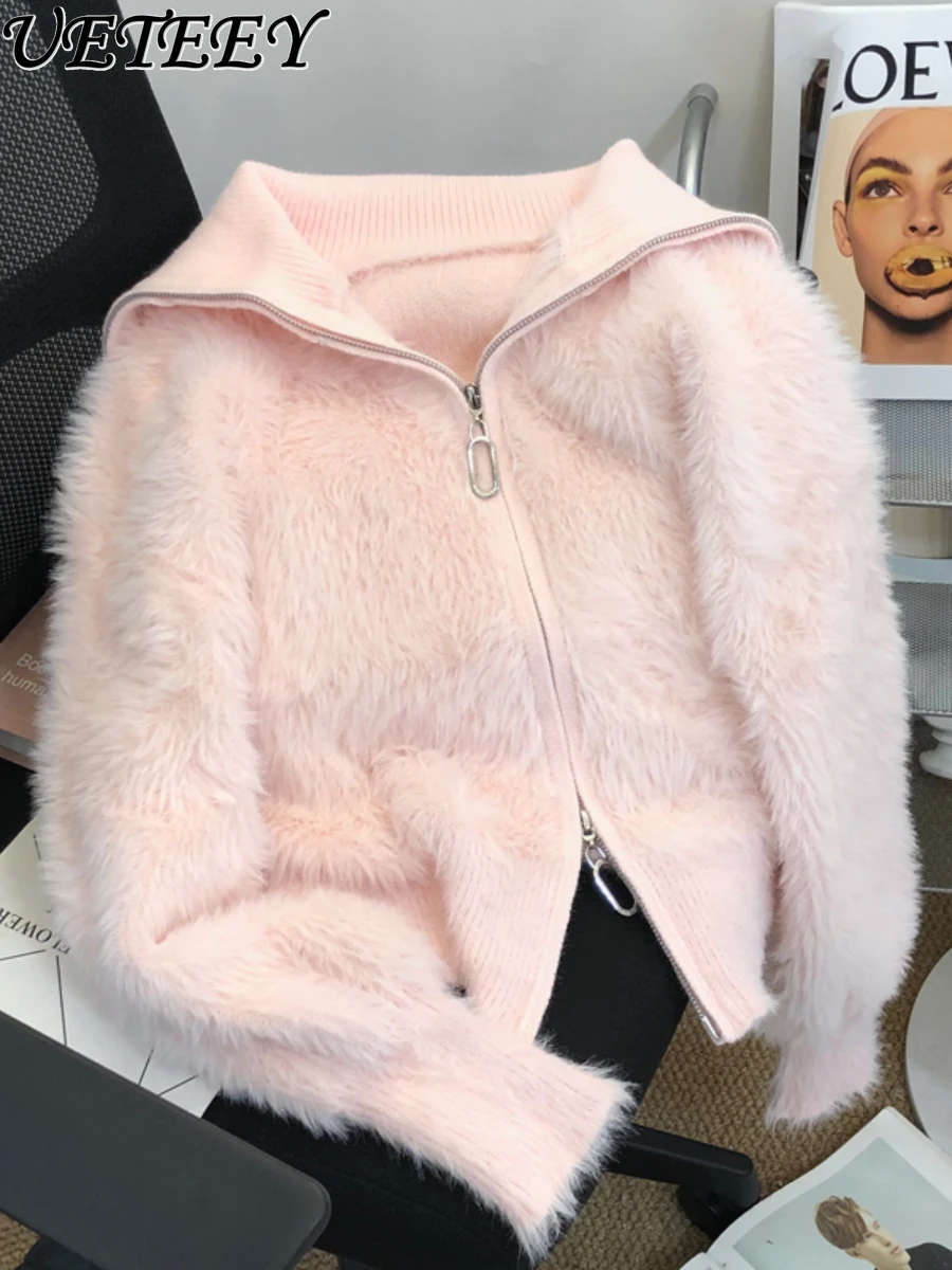 

Fashion Sweet Mohair Pink Turtleneck Sweater Cardigan Coat Women 2023 Autumn New Thickened Artificial Mink Fur Sweater Short Top