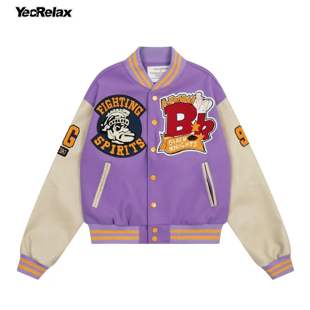 Men Hip Hop Contrast Color Stitching Cartoon Embroidery Bomber Jacket Punk Gothic Varsity Jacket Streetwear Men Baseball Coat