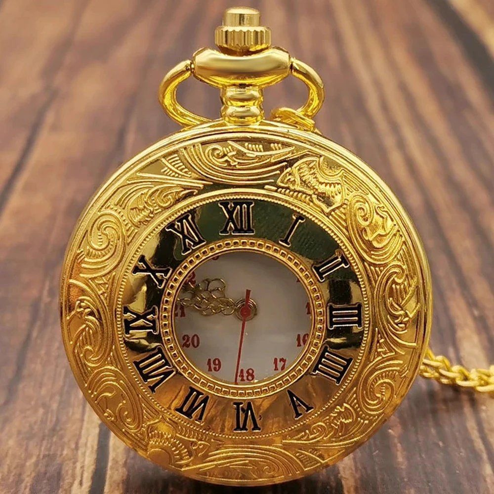 

Gold Roman Numerals Quartz Pocket Watch Chain Men Women Hollow Case Vintage Pendant Necklace Best Gifts for Men Women