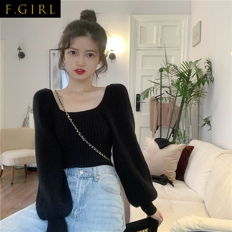 F GIRLS    Cropped Knitwear Pullovers Fall 2022 Woman Sweaters for Sexy Square Collar Lantern Sleeve Jumper Sweet Sueter Mujer
