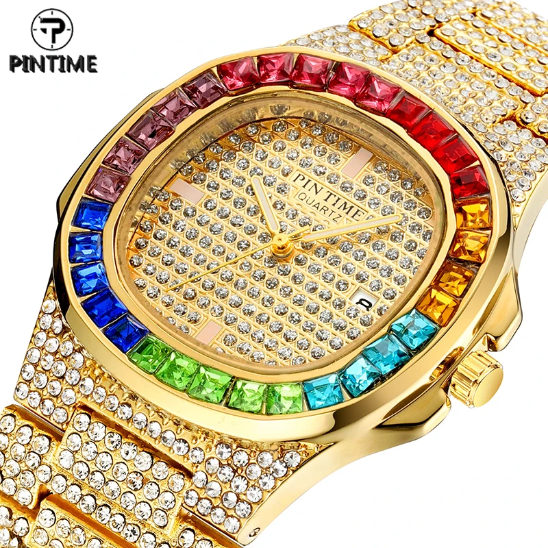 

PINTIME Quartz Watch Men Luxury Full Diamond Hip Hop Colorful Gold Rhinestone Watches Wristwatch Male Iced Out Golden Dial Clock