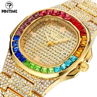 pintime quartz watch men luxury full diamond hip hop colorful gold rhinestone watches wristwatch male iced out golden dial clock