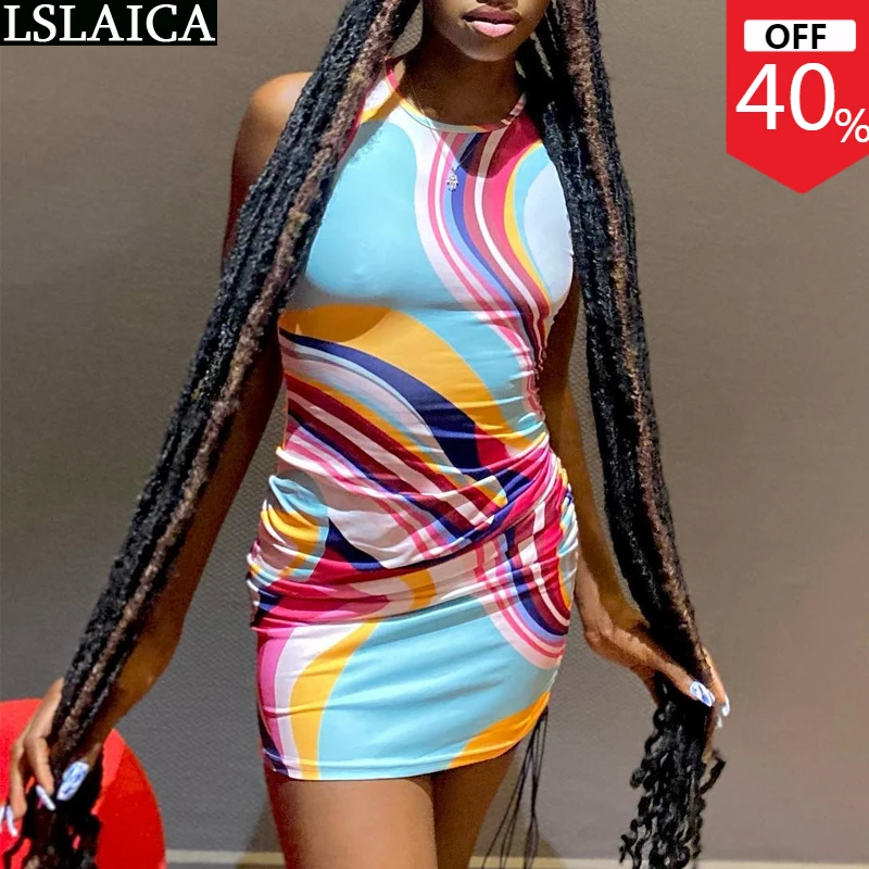 

Облегающее БЕЗРУКАВНОЕ мини-платье в полоску без рукавов с круглым вырезом для лета