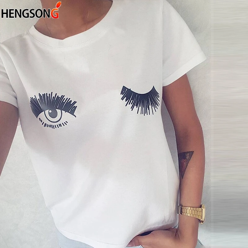 

2022 New Casual Cute T-shirts Wink Eyes And Eyelashes Printed Women Tops Short Sleeve Tshirts White O Neck Summer Blusas