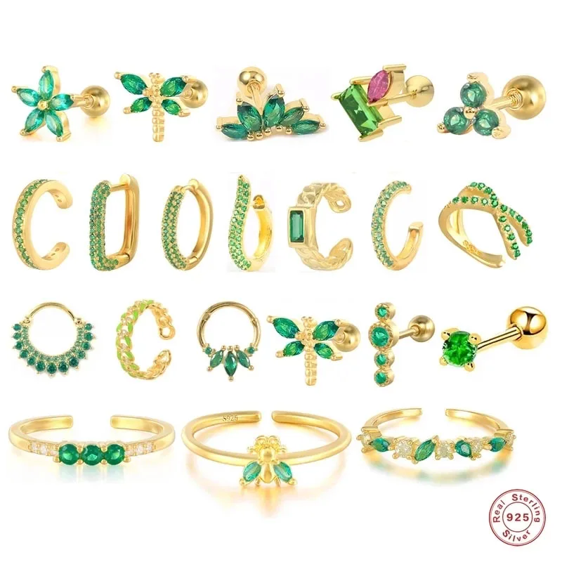 

Серьги-гвоздики из серебра 925 пробы, с зеленым цирконием, в форме цветка стрекозы, кольцо с кристаллом, пирсинга хрящей серьги-гвоздики