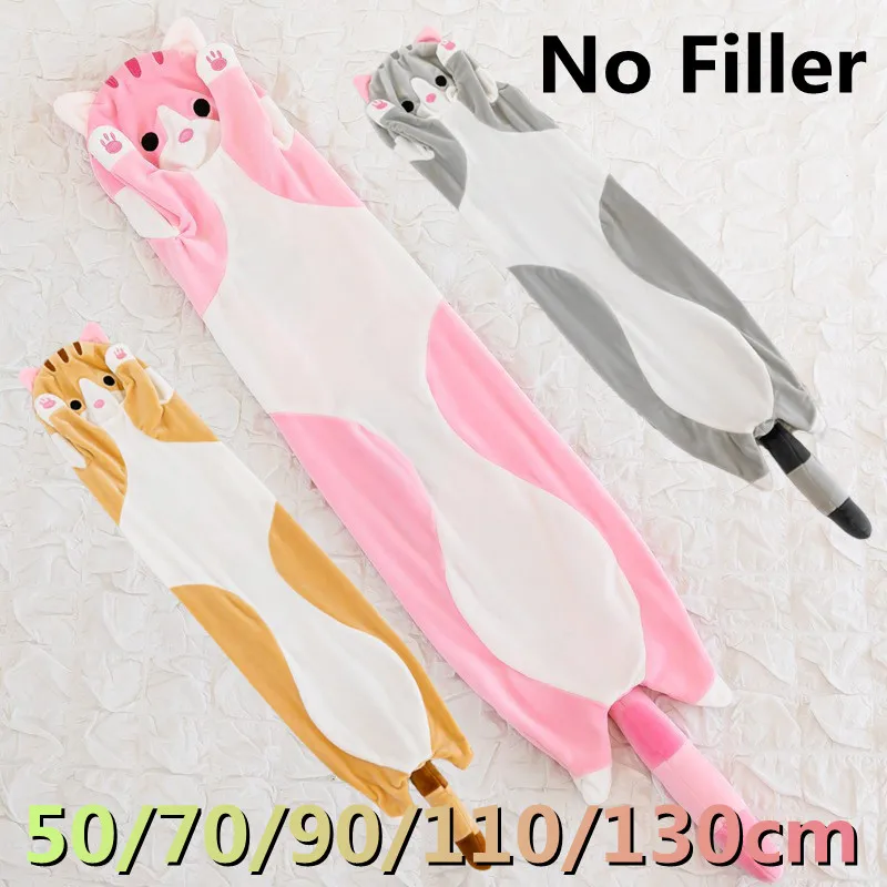 

130/110cm Kawaii Long Pillow Cushion Cat Plush Toys Soft Cotton Cloth Cat Skin Coat No Filler Children Birthday Girl Gift