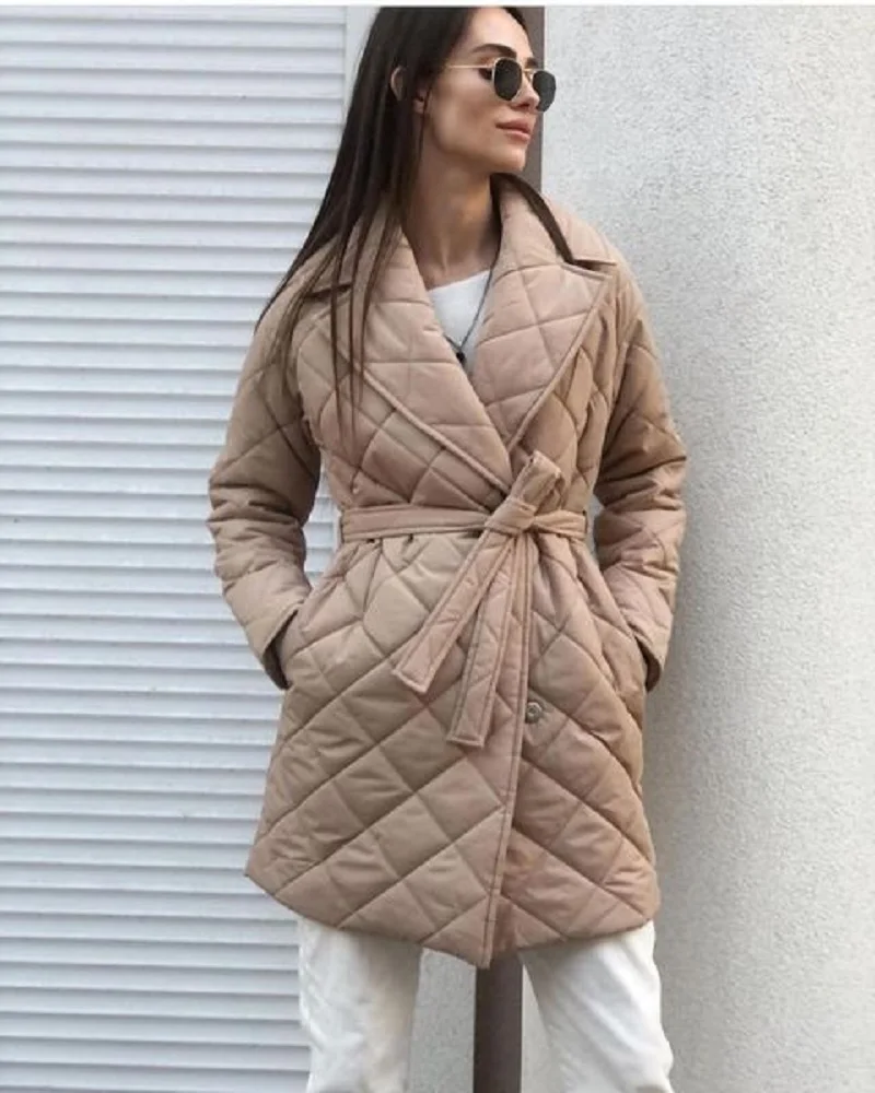Winter Thicken Warm Long Cotton Coats Women Parkas Lapel 2022 New Fashion Adjustable Waist Tie Pocket Slim Jacket Female Outwear