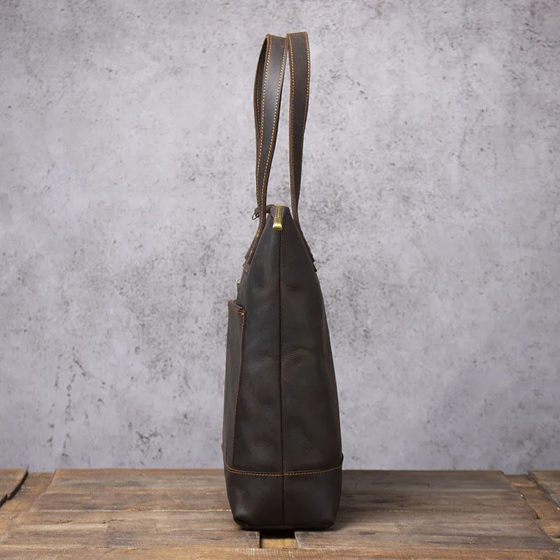 Vintage natural crazy horse cowhide men's handbag simple casual tote bag genuine leather daily work 14-inch laptop shoulder bag