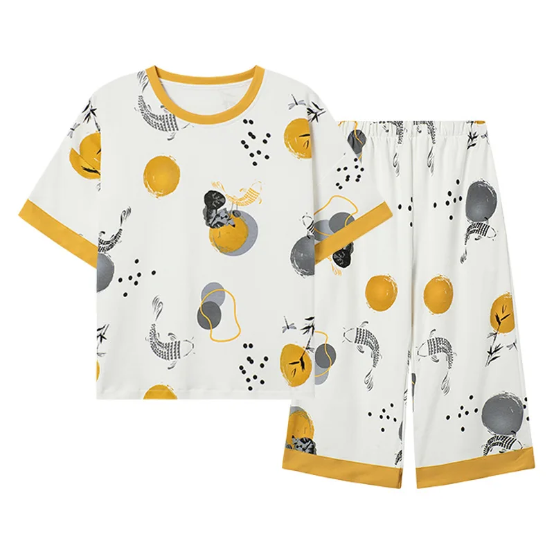 M-5XL Cartoon Cute Women Pajamas Summer Cotton Short-Sleeved Cropped Pants Two-Piece Set New Large Size Nightwear Home Clothes