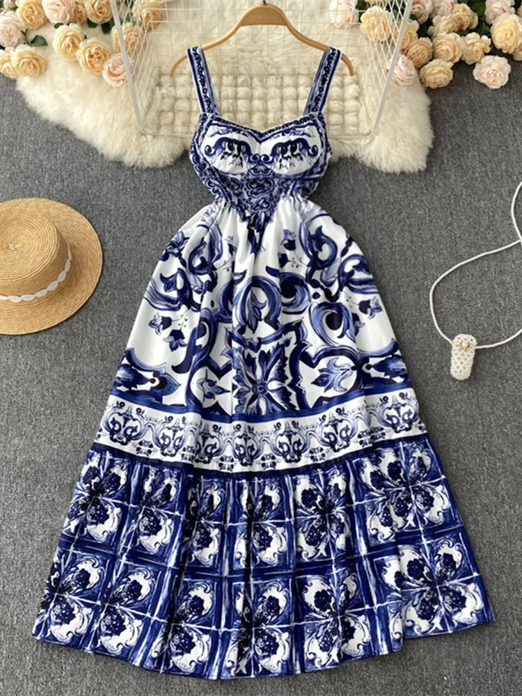 

Женское модельное праздничное платье макси, длинное платье для отпуска на бретелях-спагетти с V-образным вырезом и открытой спиной, сине-белое платье с фарфоровым принтом