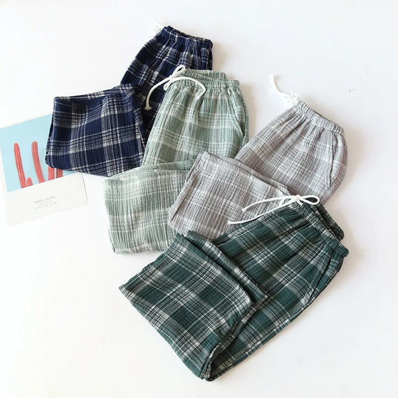 Men's Cotton Gauze Trousers Plaid Knitted Sleeping Pants Man Pajamas Pants Bottoms Sleepwear Male Thin Calf-length Sleep Bottoms