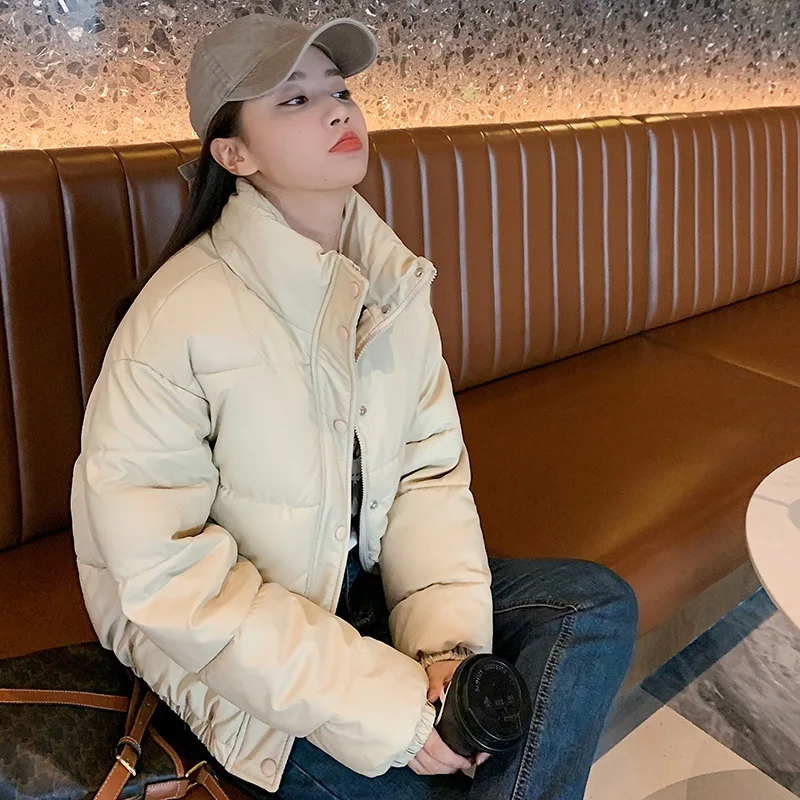 Women Pu Leather Short Down Coats Autumn Winter New Fashion Stand Collar Thick Coats Casual Commute All-Match Solid Color Jacket