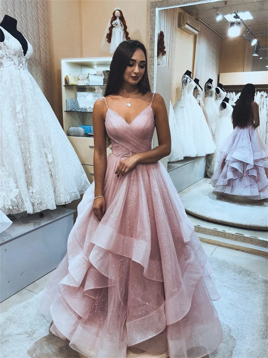 

Charming Tiered Organza Crisscross Prom Dress Spaghetti Straps A Line Formal Party Evening Dress Multi Layered Guest Dress