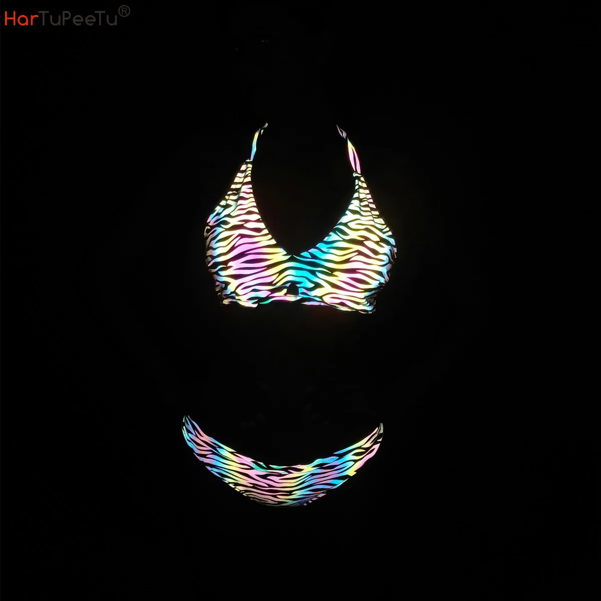 Women Reflective Halter Top Two Piece Split Swimsuit Tie Side Triangle Bikini Luminous Swim Wear Bathing Suits Mushroom Cartoon