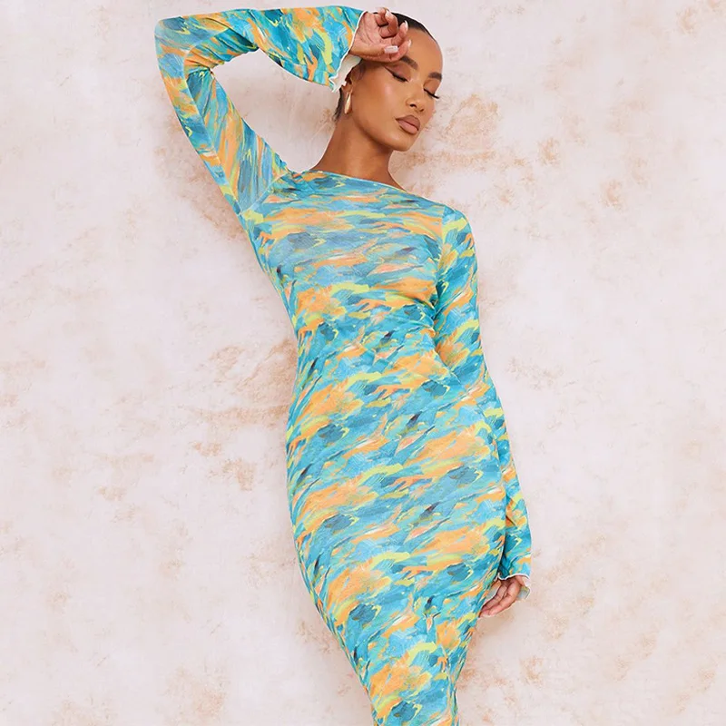 

Women's Clothing 2023 Autumn New Fashion Printed Slim Fit Round Neck Long Flare Sleeves Dress Tie Dye Floor Length