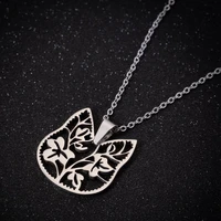 tulx stainless steel cute cat necklace chain women trendy jewelry hollow branch leaf flower pendant necklace