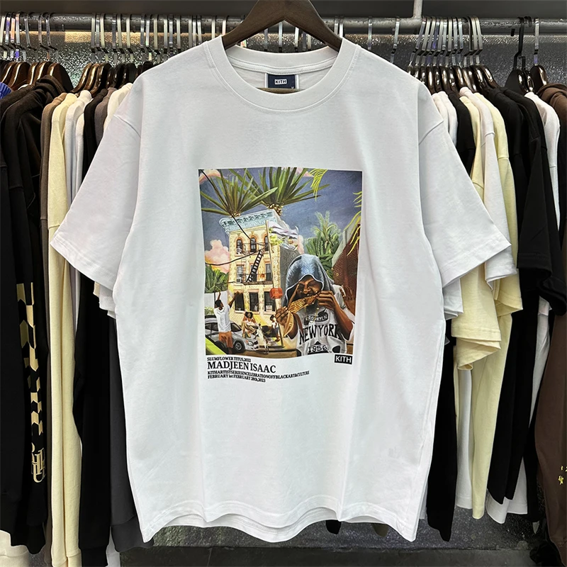 

High quality Kith T-shirt Men Women Oil Painting Print Loose Black White Apricot Cotton Loose Classic Short Sleeve Tee