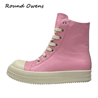 round owens women motorcycle men thick soled winter high top riding boots luxury sneakers casual lace up zip flats pink shoes