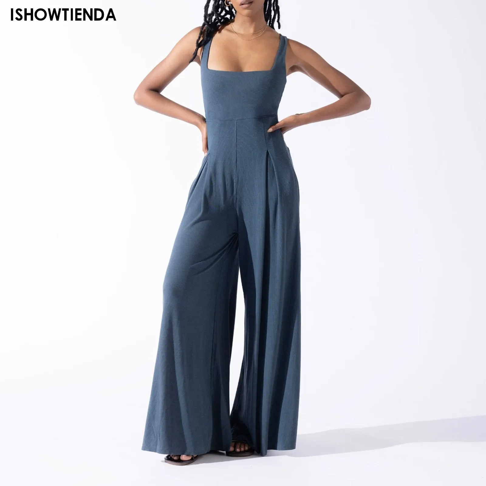 

Jumpsuit Wide-leg Trousers Solid Dungaree Bib Overalls Jumpsuit Women Strap Loose Jumpsuit Romper Boat Neck Sleeveless Playsuits