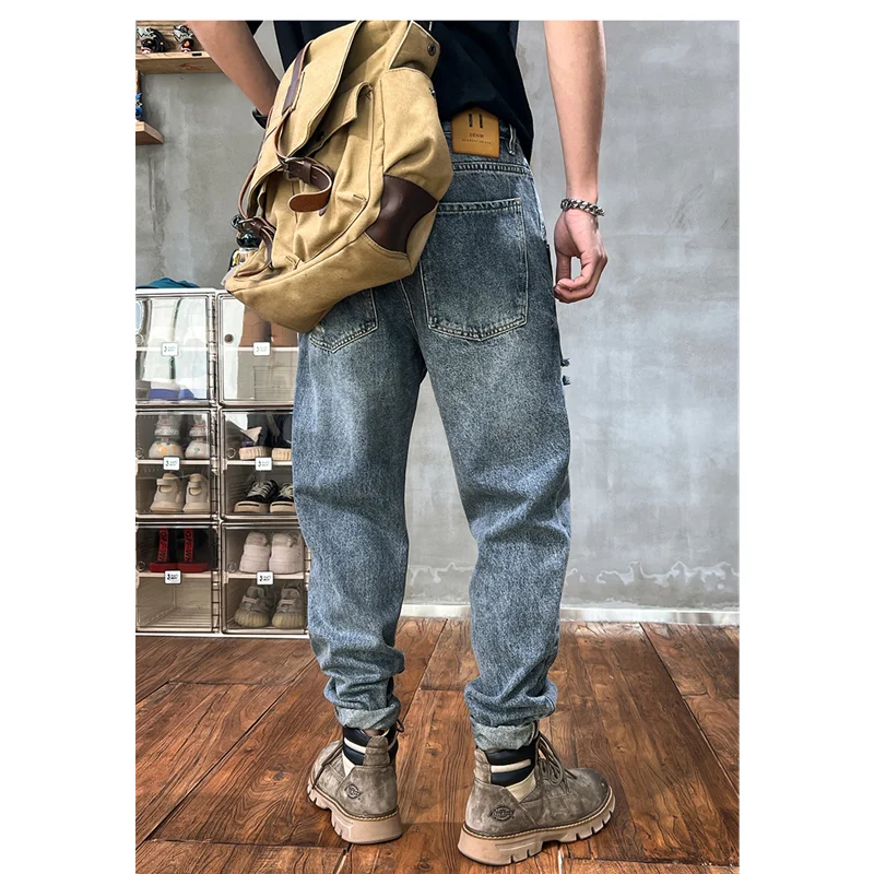 Streetwear Men Vintage Recreational Blue Ripped Jeans Loose Straight Cylinder Broad Leg Trousers Autumn Female 2022 New Style