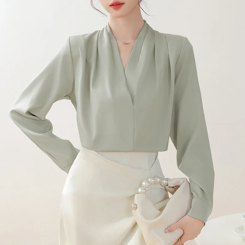 Новая женская блузка с v-образным вырезом белая офисная длинным рукавом рубашка